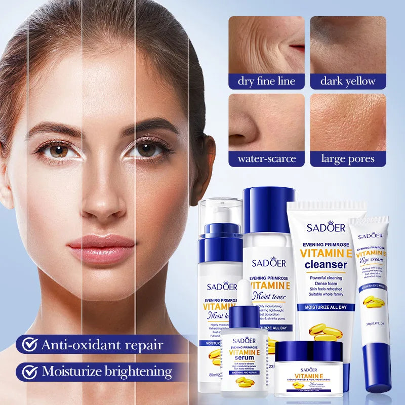 Sadoer Evening Primrose Vitamin E High Moisturizing and Hydrating Six-Piece Set, Deeply Cleanses the Skin, Removes Oil from the Skin, Makes the Skin White and Translucent, Soothes and Softens the Skin, Nourishes and Moisturiz Vue