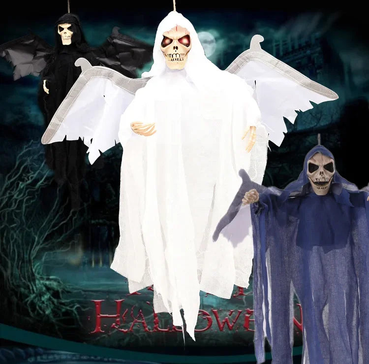 Halloween Hanging Ghost Horror Sound Eyes Glowing Wings Moving Indoor Outdoor Bat Flying Ghost Props Voice Control Electric Toy Vue