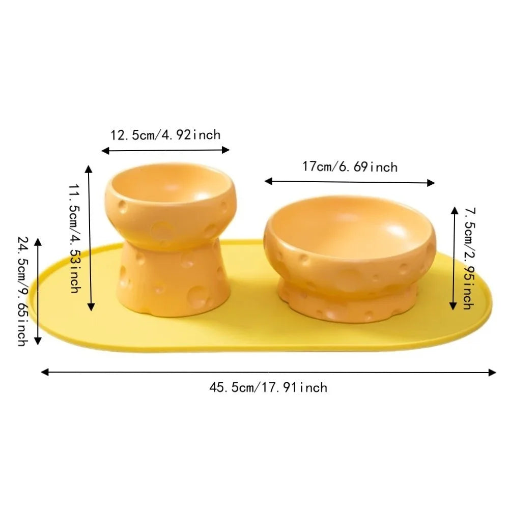 Cute Creative Large Diameter Elevated Cat Bowl Anti-knock Cheese Shape High Foot Bowl Anti-spill Ceramic Water Bowl Indoor Use Vue