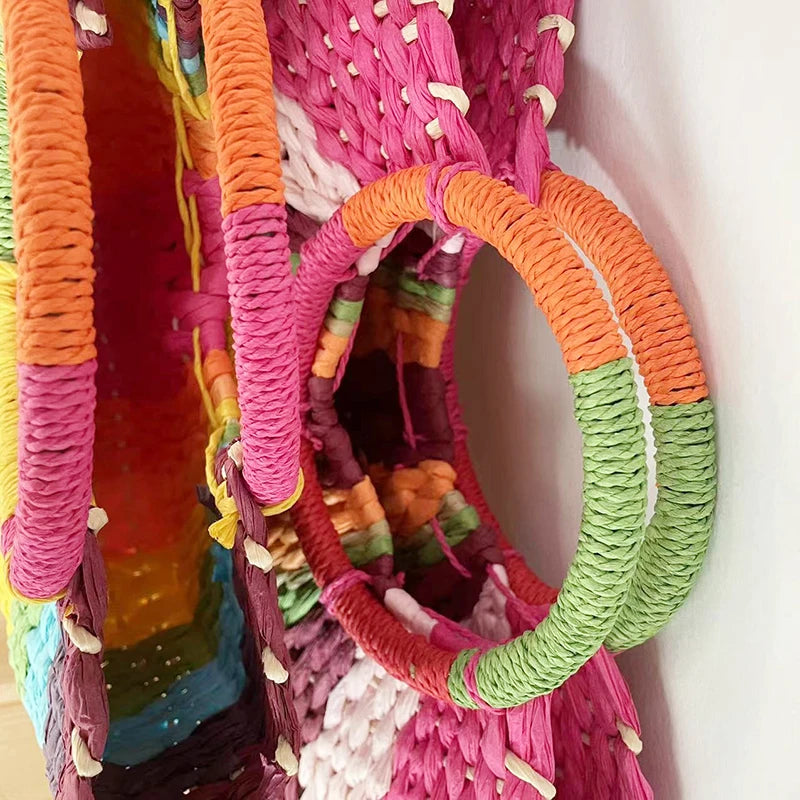 Straw Bag Women Hand-woven Handbags Moon Shape Rattan Tote Big