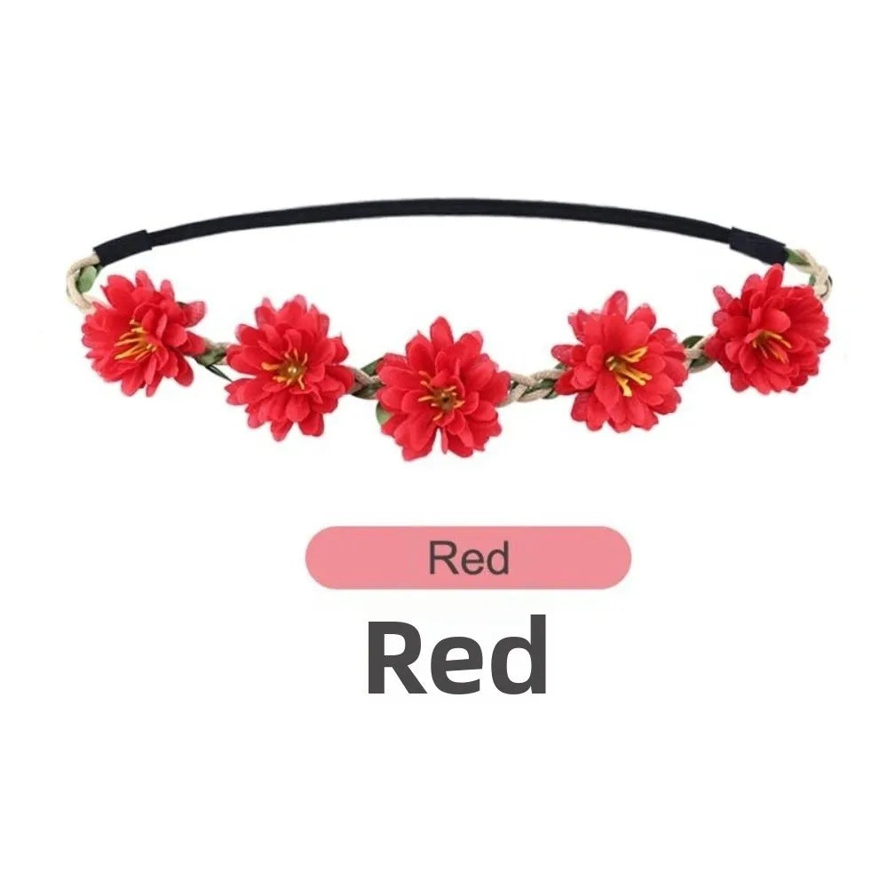 Pink Rose Floral Wreath Crown Hand Woven Vintage Elegant Flower Crown Adjustable Ribbon Silk Flower Hair Loop for Bridal Wedding Vue Red
