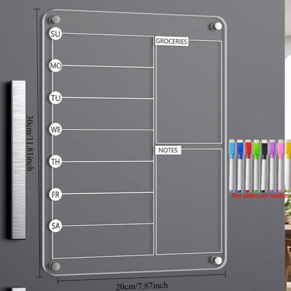 Reusable Fridge Weekly Calendar Multifunctional Transparent Magnetic Acrylic Weekly Planner Frameless with 8 Markers Vue