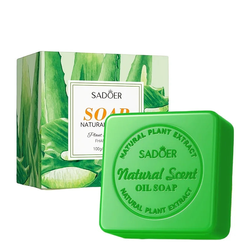100g Sadoer Aloe Vera Essential Oil Soap, Gentle Cleansing, Moisturizing and Nourishing, Rich in Aloe Vera Essence, Quickly Removes Dirt and Oil, Leaving Skin Delicate and Smooth, Cleansing Face and Body Soap Vue Aloe