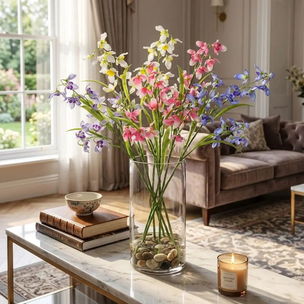 50CM Length Artificial Orchid Flower with Leaves Realistic Simulation Flowers Plastic Plants Vivid Orchid Flower Branch Vue