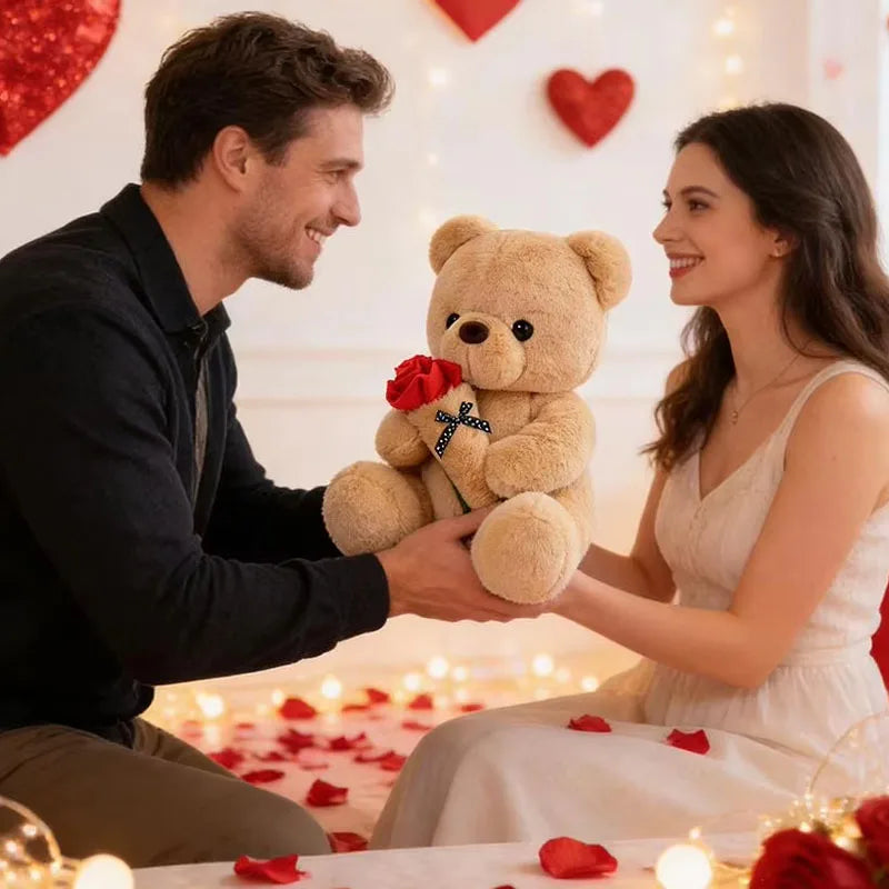 Romantic Rose Bear Stuffed Plush Toy Cartoon Valentines Day Gift for Girlfriend Birthday Anniversary Bedroom Home Decoration Vue