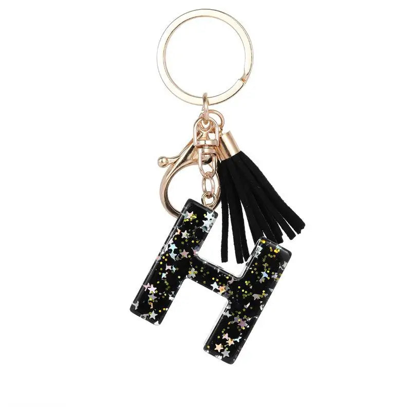 Black Glitter Resin Initial Letter Keychain A–Z Tassel Charm