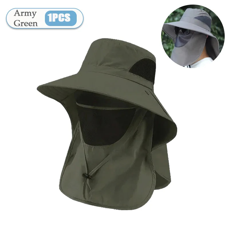Men‘s Outdoor Fishing Sun Hat with Mosquito Net Face Veil Neck Flap Summer UV Protection Wide Brim Fisherman Cap Vue Army Green-1PC