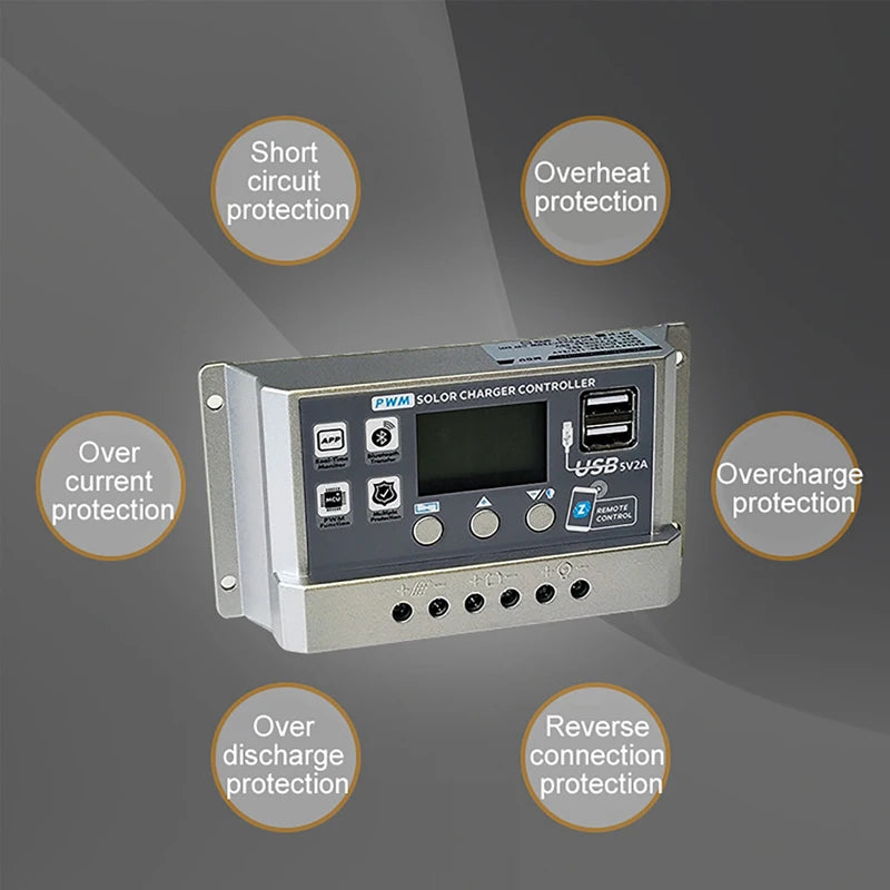 12V/24V 10A/20A/30A/40A/50A/60A HD LCD Digital Display Bluetooth WiFi Solar Charge Controller Repair PWM Solar Controller Vue