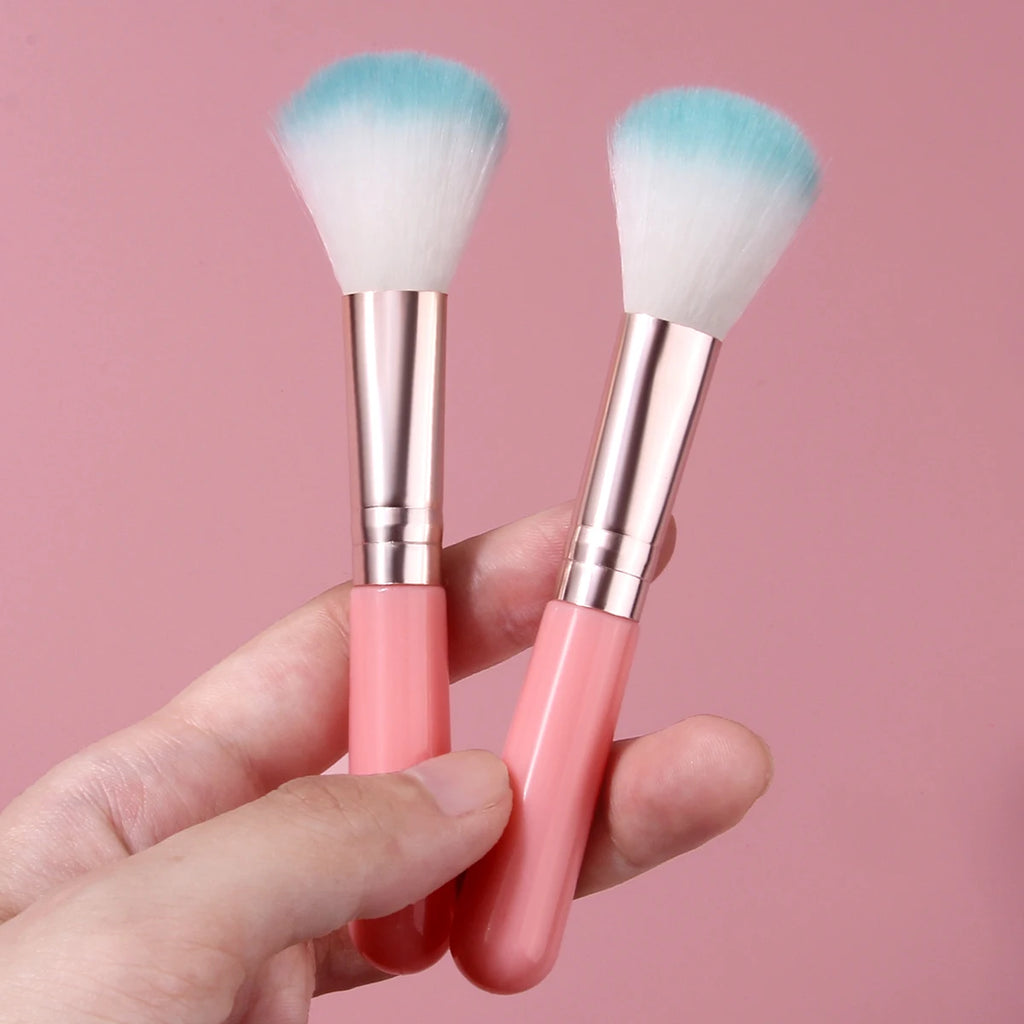 2Pcs Blush Makeup Brushes Pink Handle Silver Ferrule Blue White Two-Tone Fluffy Hair Soft Face Powder Bronzer Blending Brush Por Vue