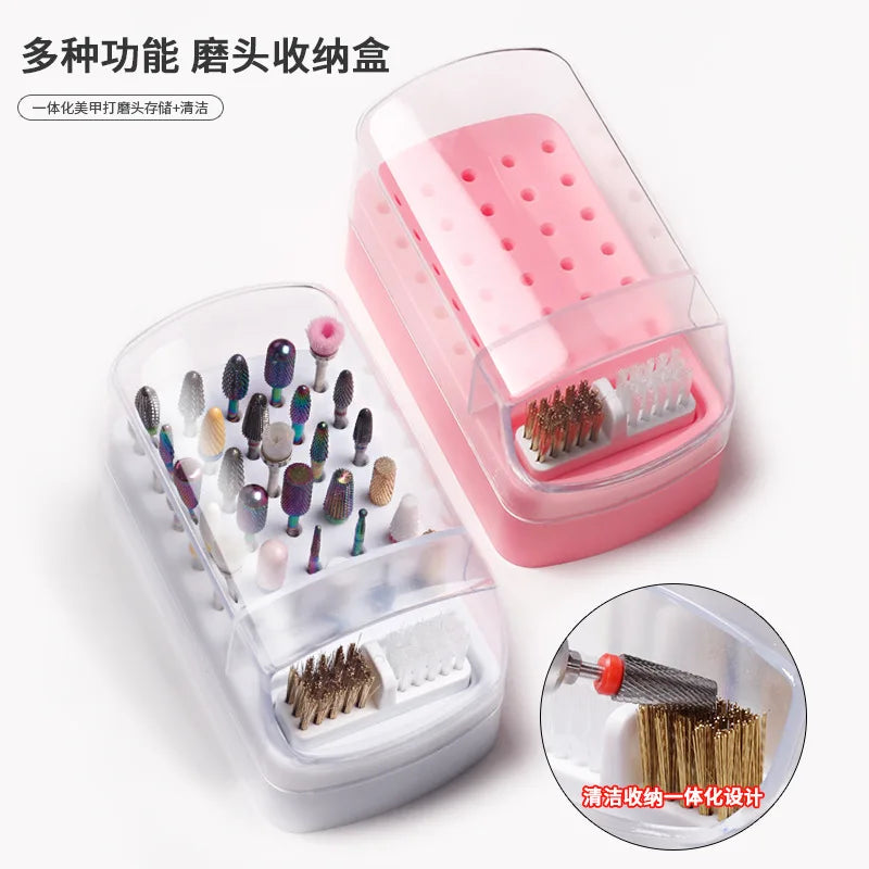 2 in 1 Nail Drill Bits Storage Box 30 Holes with Cleanning Brush Manicure Salon Grinding Head Holder Display Nail Art Accessory Vue