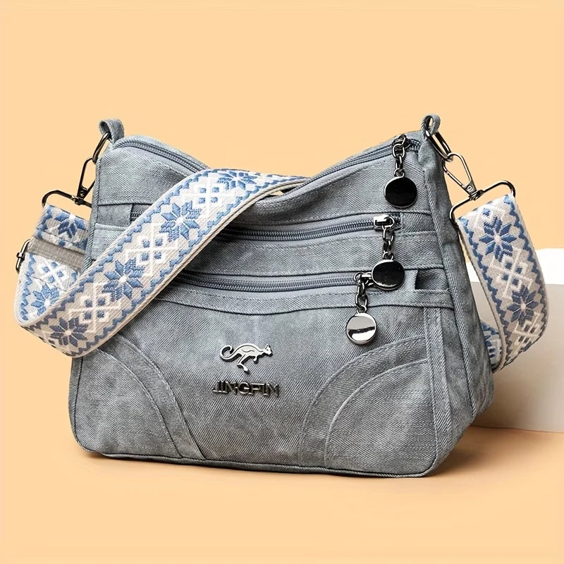 Women Vintage Grey Canvas Shoulder Bag Multi Pocket Crossbody Vue BJ839blue