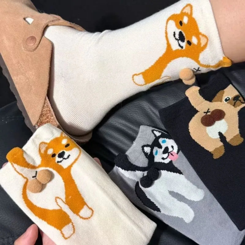 1-10Pairs Kawaii Egg Dog Cartoon Crew Socks for Women Men Cute Puppy Pattern Funny Mid Calf Casual Socks for Fall Winter Daily Vue