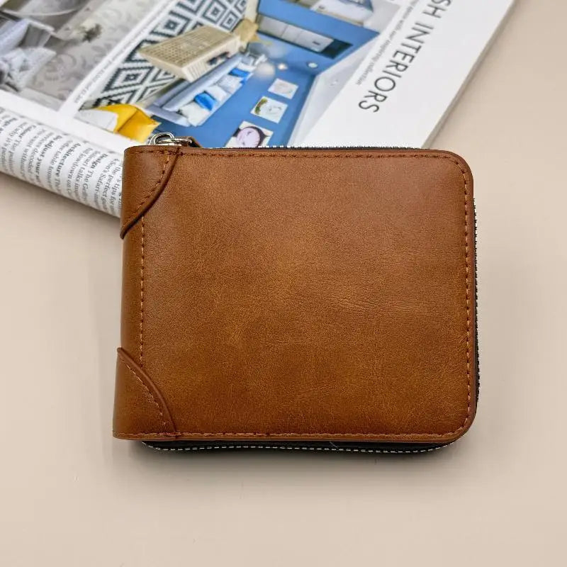 1PC Men Wallets Leather Zipper Purse Man Slim Card Horders Quality Male Short Multi-card Wallet Coin Pocket Purse Vue Brown