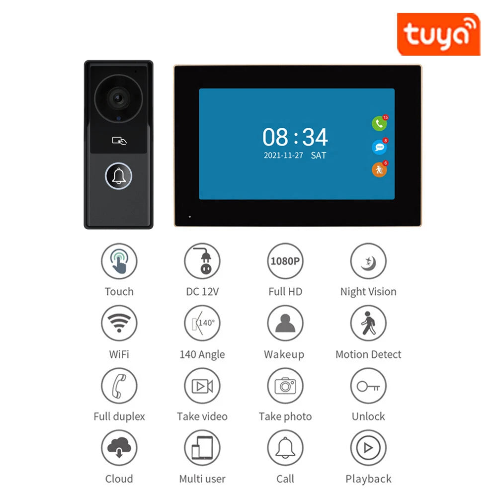 7/10 Inch Video Intercom 1080P Doorbell for Apartment 2-Monitor Kit House Wifi Door Phone Security Home System Swipe Card Unlock Vue