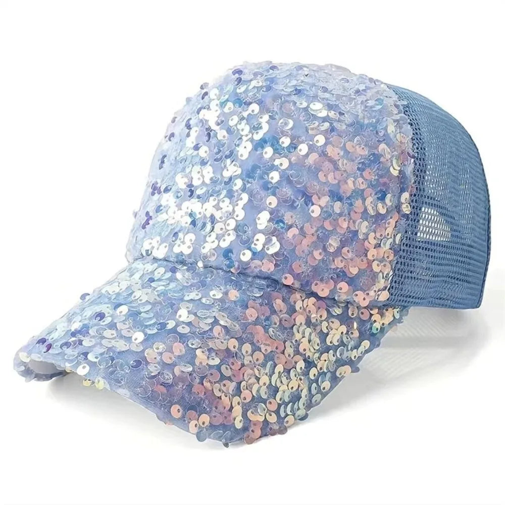 Fashion Breathable Shiny Sequin Baseball Cap Mesh Casual Women Sun Vue Blue