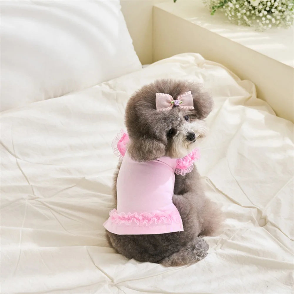 Comfortable Lace Pet Summer Vest Soft Breathable Cat Base Skirt Flying Sleeve Dog Clothes Small Animal Vue Pink XS