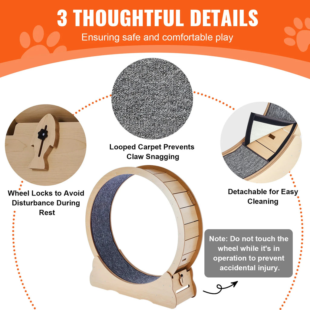 SucceBuy Wooden Cat Exercise Wheel Large Cat Treadmill Wheel for Indoor Cat Running Wheel with Detachable Carpet& Cat Teaser Vue