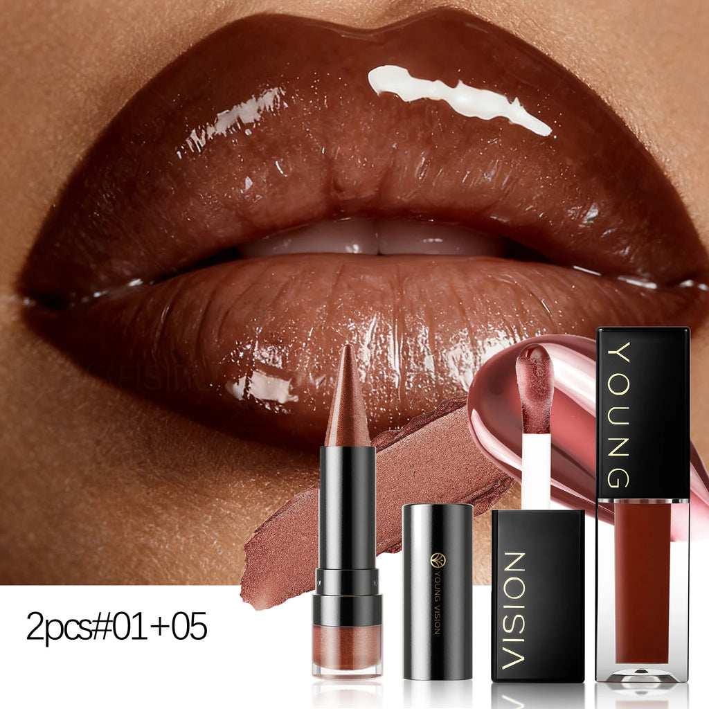 2-in-1 Matte Lip Liner with Shimmer & Glossy Lip Oil Set - Brown Sparkle Liner + Caramel Shine Oil, Long-Lasting Lip Makeup Vue 30909