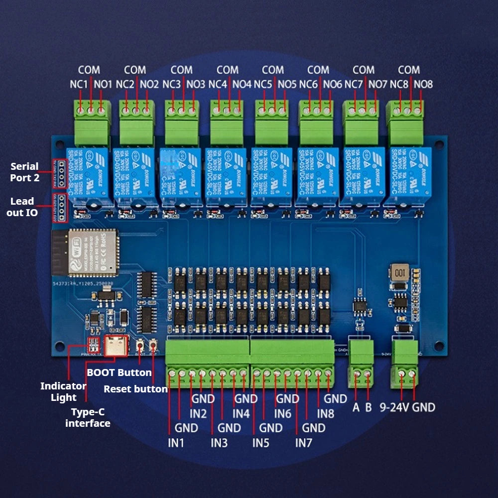 ESP32 Modbus 8-channel Relay Module RS485 8 Way Input 8 Way Output Optocoupler Isolation 9-24V Power Supply with WiFi/Bl-uetooth Vue