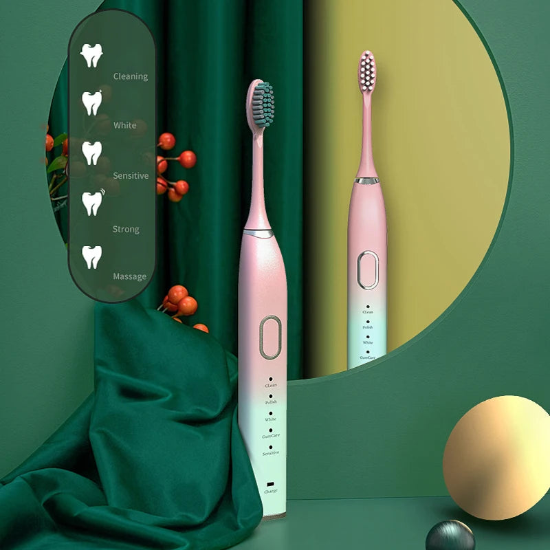 Adults Ultrasonic Electric Sonic Toothbrush Rechargeable 5 Modes Electronic Toothbrush Smart Timer with Replace Heads Travel Box Vue
