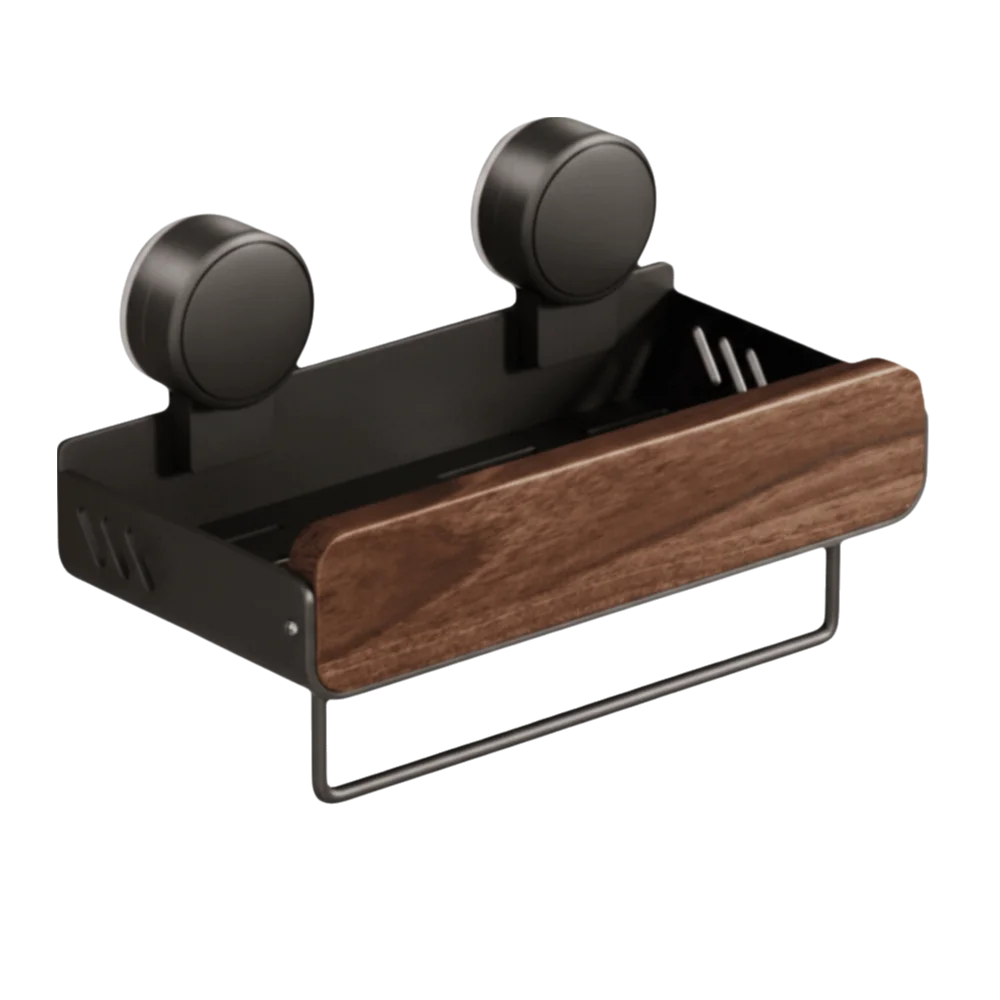 Mid-Century Modern Bathroom Shelf Walnut Finish Space Saving Bathroom Storage Rack Suction Cup Strong Grip Vue With rod