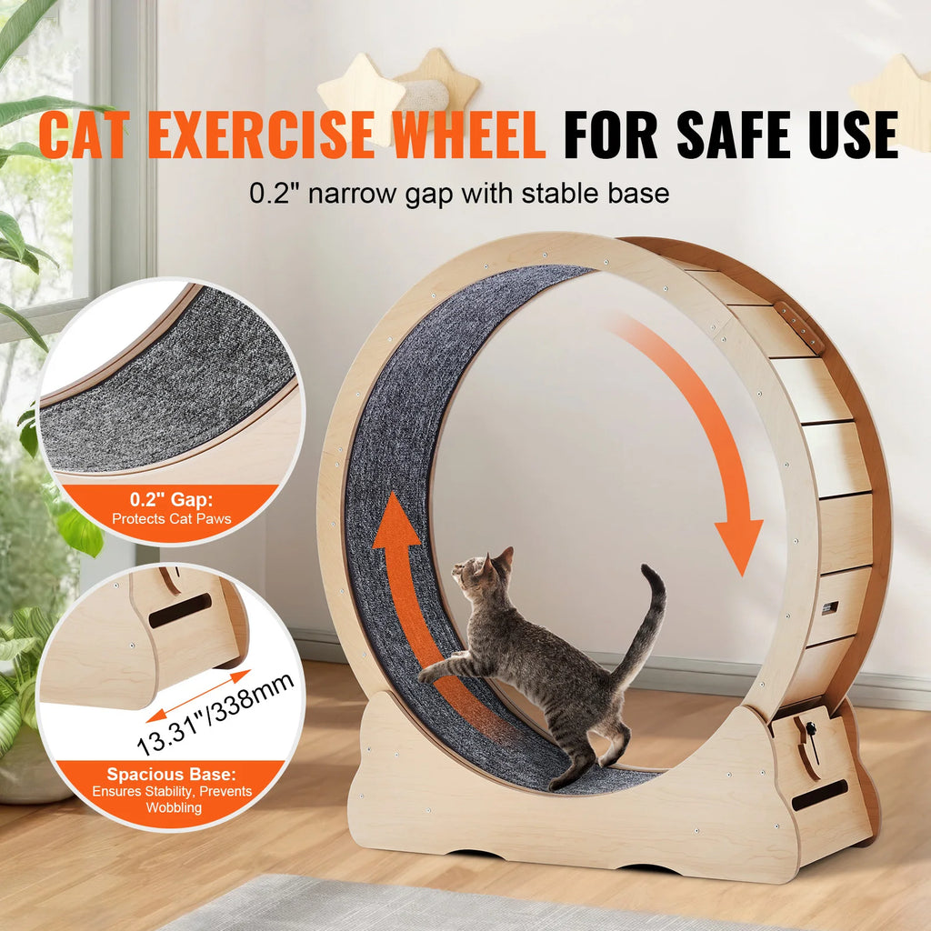 SucceBuy Wooden Cat Exercise Wheel Large Cat Treadmill Wheel for Indoor Cat Running Wheel with Detachable Carpet& Cat Teaser Vue
