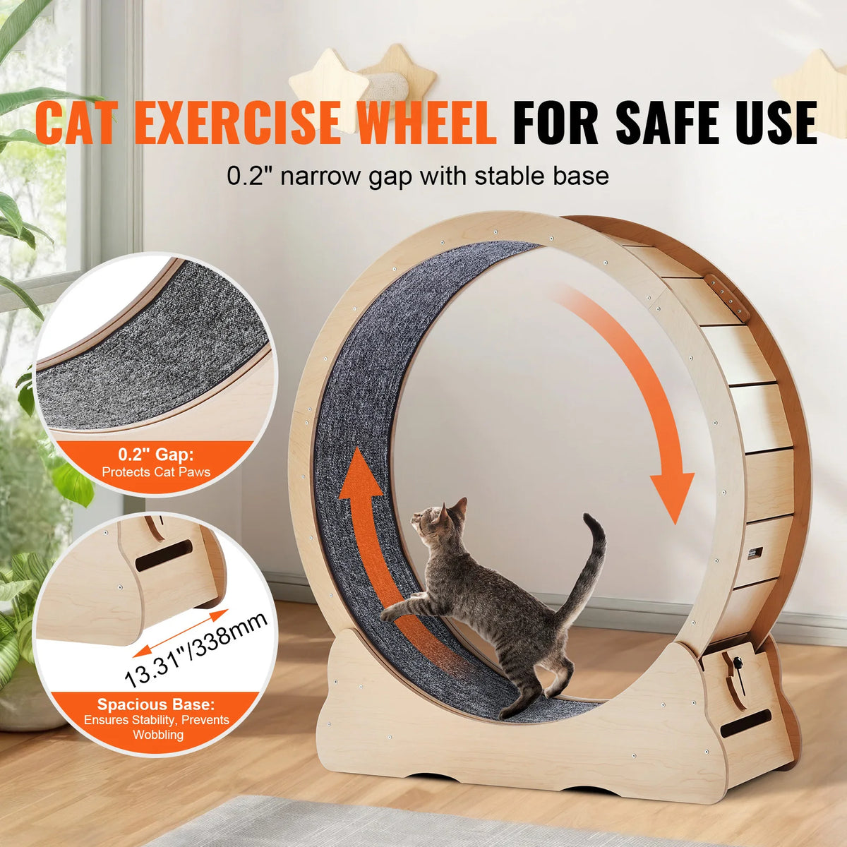 SucceBuy Wooden Cat Exercise Wheel Large Cat Treadmill Wheel for Indoor Cat Running Wheel with Detachable Carpet& Cat Teaser Vue