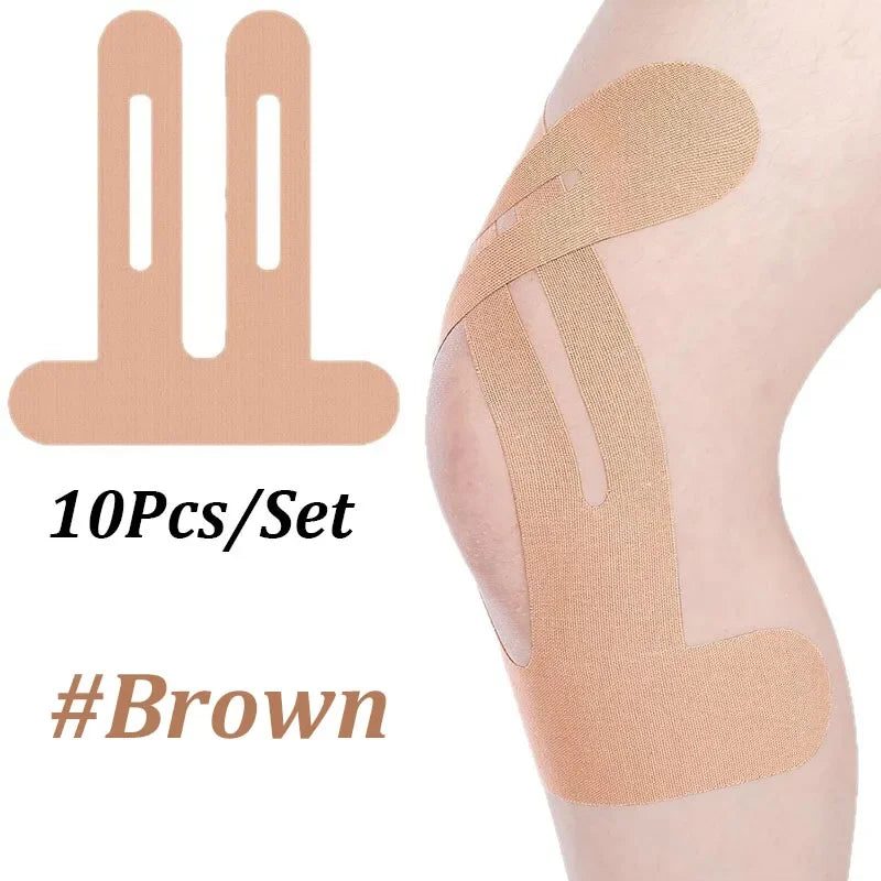 10PCS Precut Kinesiology Tape For Knees,Waterproof Elastic Breathable Knee Tape,Athletic Tape Provide Support Stability Running Vue Brown