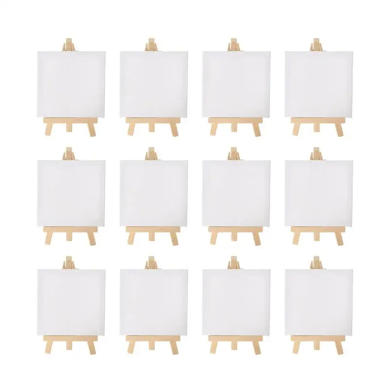 12pcs Artists 5 inch Mini Easel +3 inchx3 inch Mini Canvas Set Painting Kids Craft DIY Drawing Small Table Easel for School Vue 10x10cm