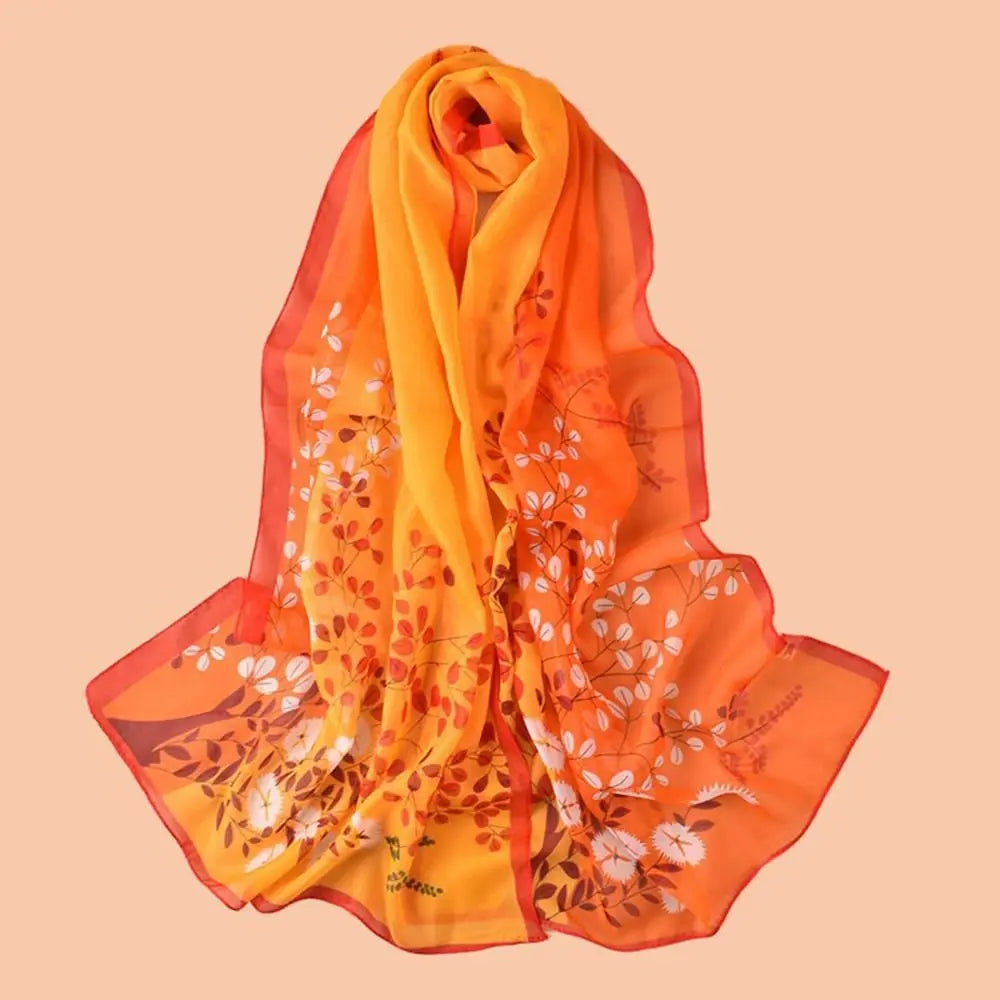 Floral Print Chiffon Scarf Long Thin Shawl Silk Soft Protection