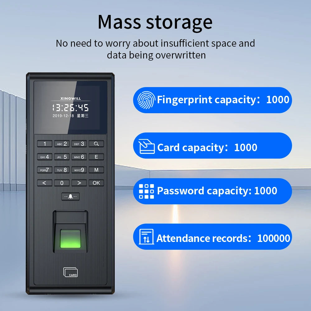 Support Tuya APP Fingerprint Employee Check In/Out Time Clock Attendance Machine Access Control RFID Card 125KHz Keypad USB Port Vue