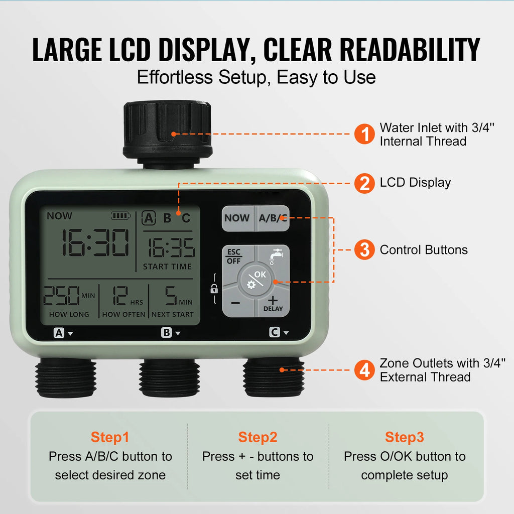 SucceBuy Water Timer 3 Outlets Hose 3 Independent Watering Zone LCD Display Rain Delay Mode Manual Mode Watering Sprinkler Timer Vue