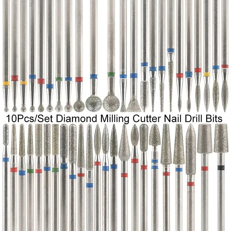 10Pcs/Set Diamond Milling Cutter Nail Drill Bits Set For Manicure Accessory Pedicure Eletric Machine Nail Bit Brush Burr Tools Vue