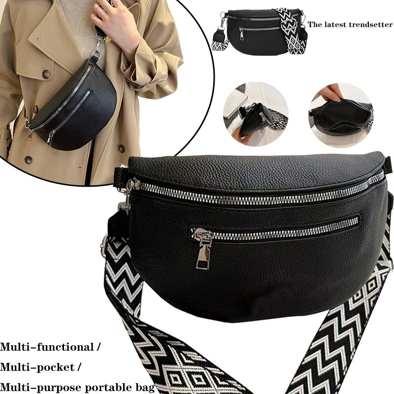 Glam Everyday Crossbody Chest Bag Solid Black Leather Fanny Decor