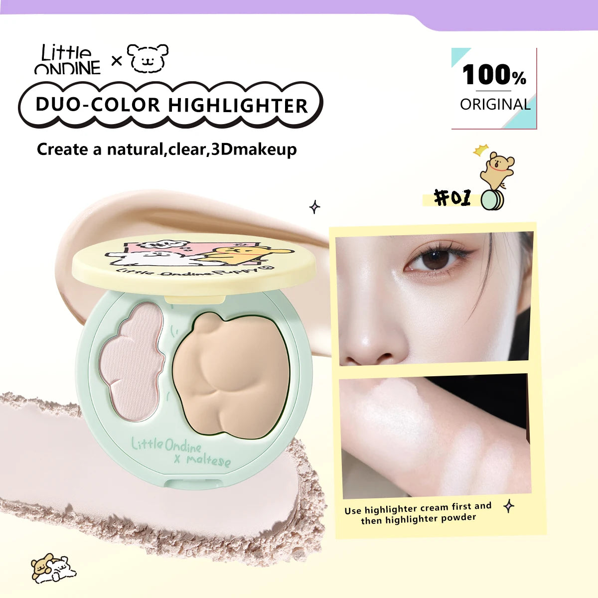 Little ONDINE Duo-Color Highlighter 01,Fine Shimmer Texture,Minimal Fallout,Natural Dewy Glow,Face Brightening,Luxury Makeup Vue