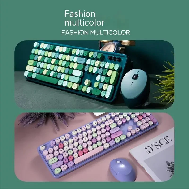 Sweet Wireless Keyboard and Mouse Set for Girls Office Typing Mechanical Hand Feel Keyboard Retro Rainbow Vue