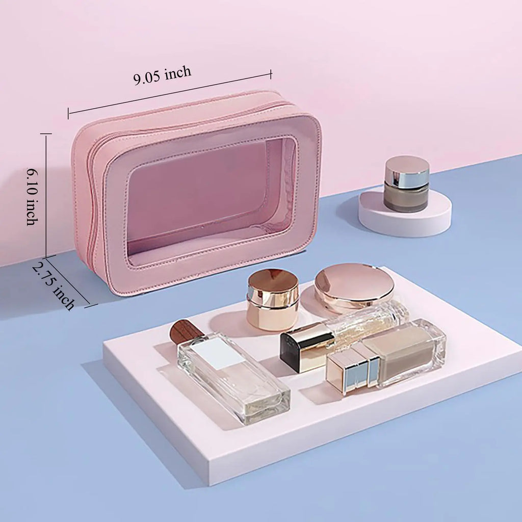 Clear and Waterproof Makeup Bag Portable Travel Cosmetic Case Organizer for Women Toiletry Pouch with Transparent Vinyl Windows Vue