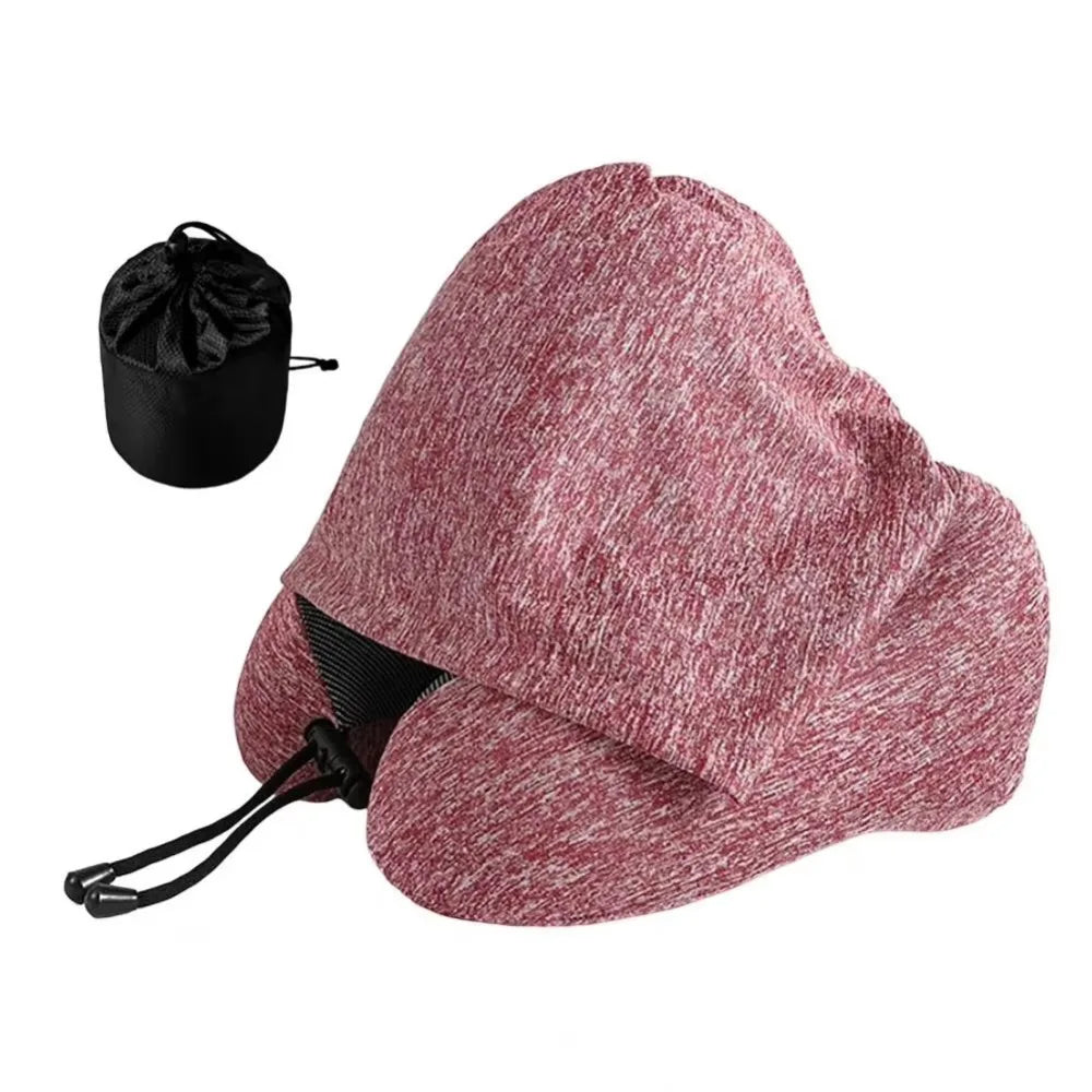 Adjustable Drawstring Hooded Travel Pillow Breathable Washable U-shaped Pillow with Cap Comfortable Soft Support Vue Rose Red