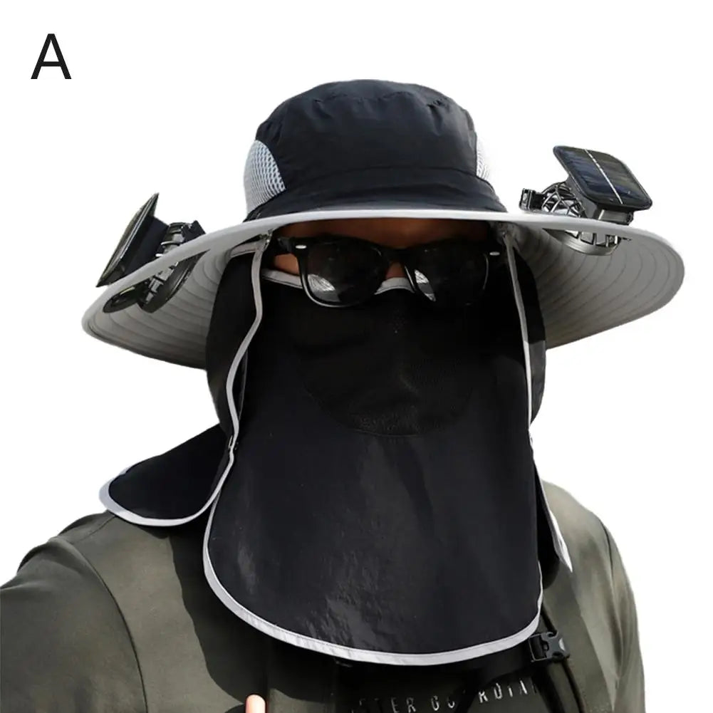 Solar USB Rechargeable Full Face Cover Mute Fan Summer Male Outdoor Fan Hat Big Edge Sun Hat Sunscreen Quick-drying Fishing Hat Vue A
