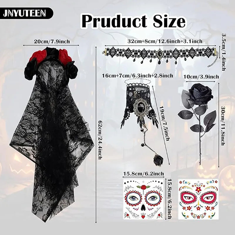1-5Sets Halloween Lace Veil Headband with Rose Necklace and Bracelet Day of the Dead Costume Accessory for Party Favor Vue