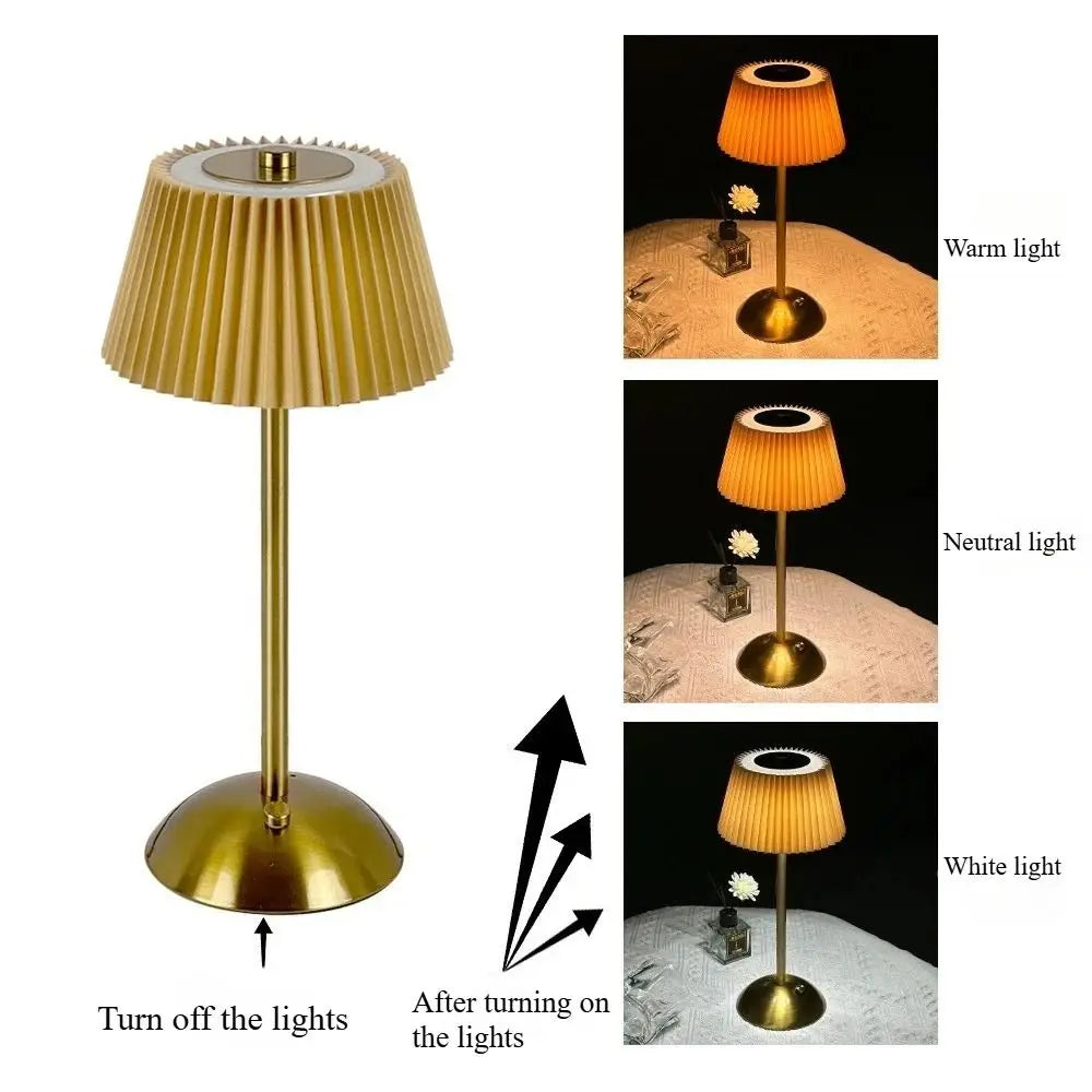 3 Color Lights Small Pleated Table Lamp Touch Control Fabric Shade Desk Ambient Light Cordless USB Rechargeable Nightstand Light Vue