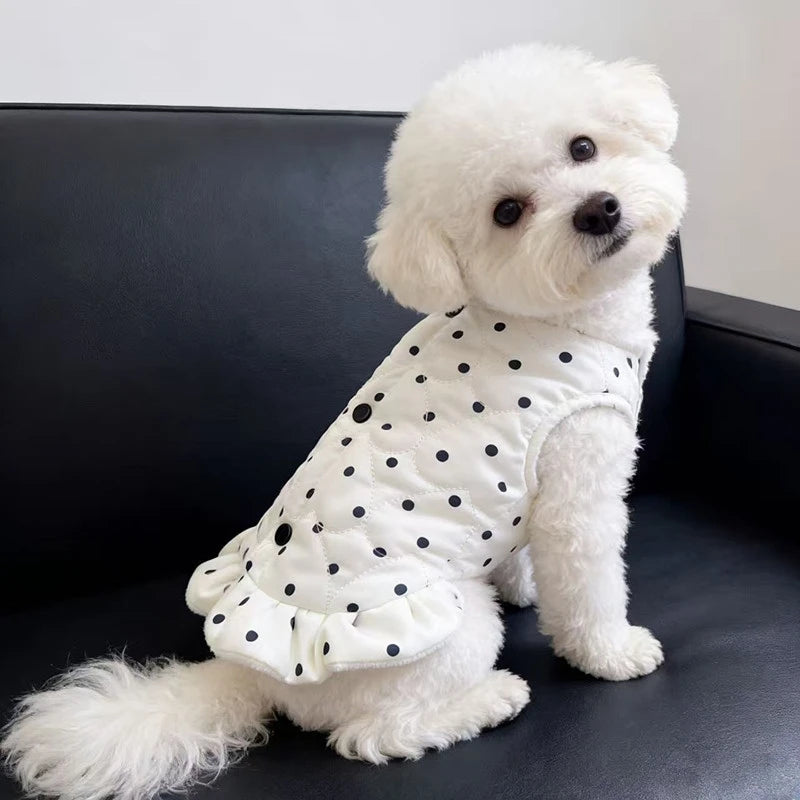 Small Dog Polka Dot Fleece Dress Cute Ruffle Warm Puppy Outfit For Bichon Teddy Pomeranian Cozy Autumn Winter Halloween Photo Vue
