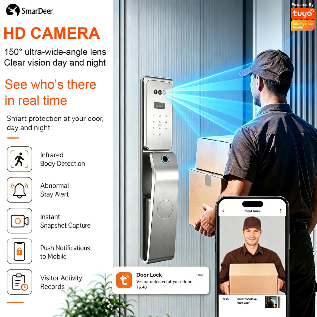 SmarDeer IP66 Outdoor Waterproof Smart Lock,3D Facial & Palm Vein Recognition Door Lock,Tuya WiFi Keyless Entry Security Lock Vue