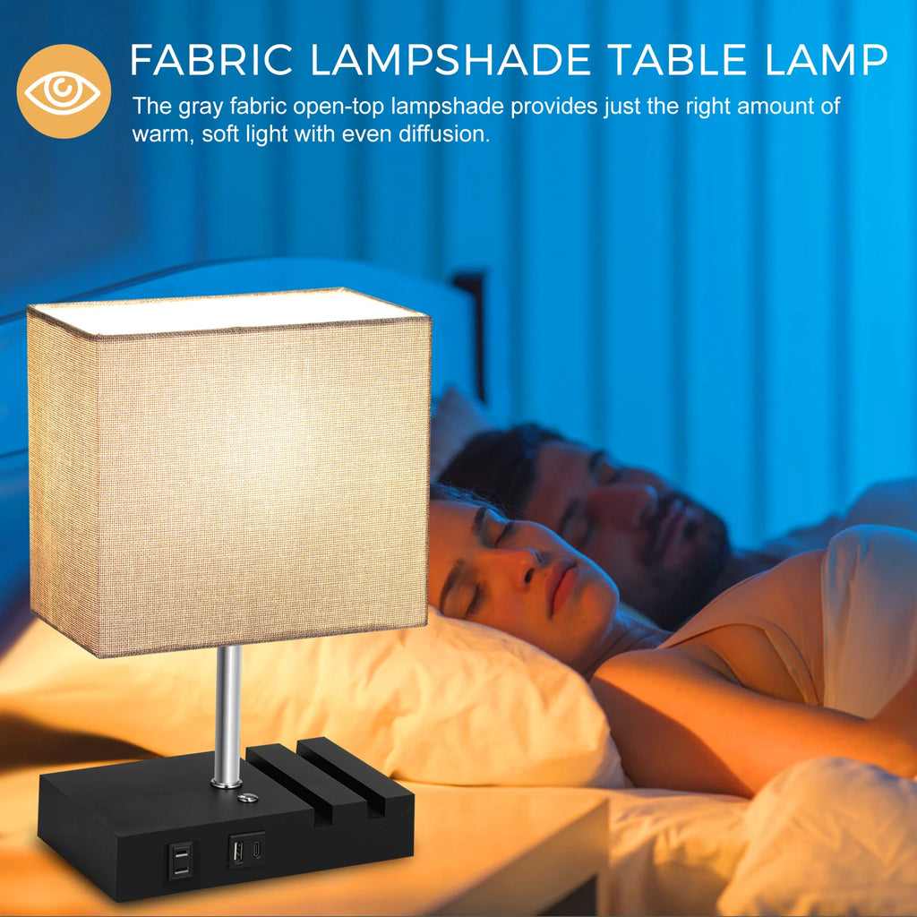 Fabric Bedside Table Lamp Nightstand Lamp Desk Light with Warm White LED Bulb Touch Control 10W Wireless USB A Type-C Charging Vue