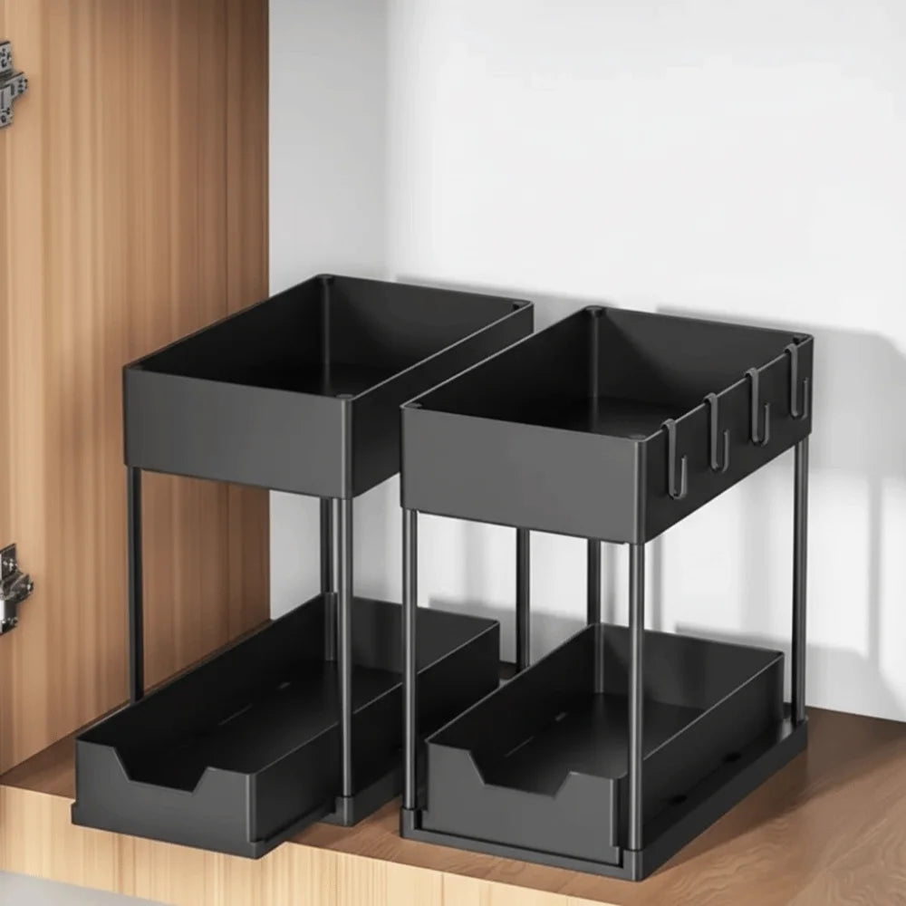 2 Tier Kitchen Sink Organizer Multi-function Hanging Cup Storage Rack With Hooks Sliding Inner Basket Sliding Cabinet Basket Vue