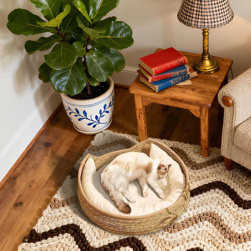 35x13cm Round Cotton Rope Cat Bed, All Season Woven Pet Sleeping Basket with Pillow, Comfortable Kitten Resting Nest for Home Vue