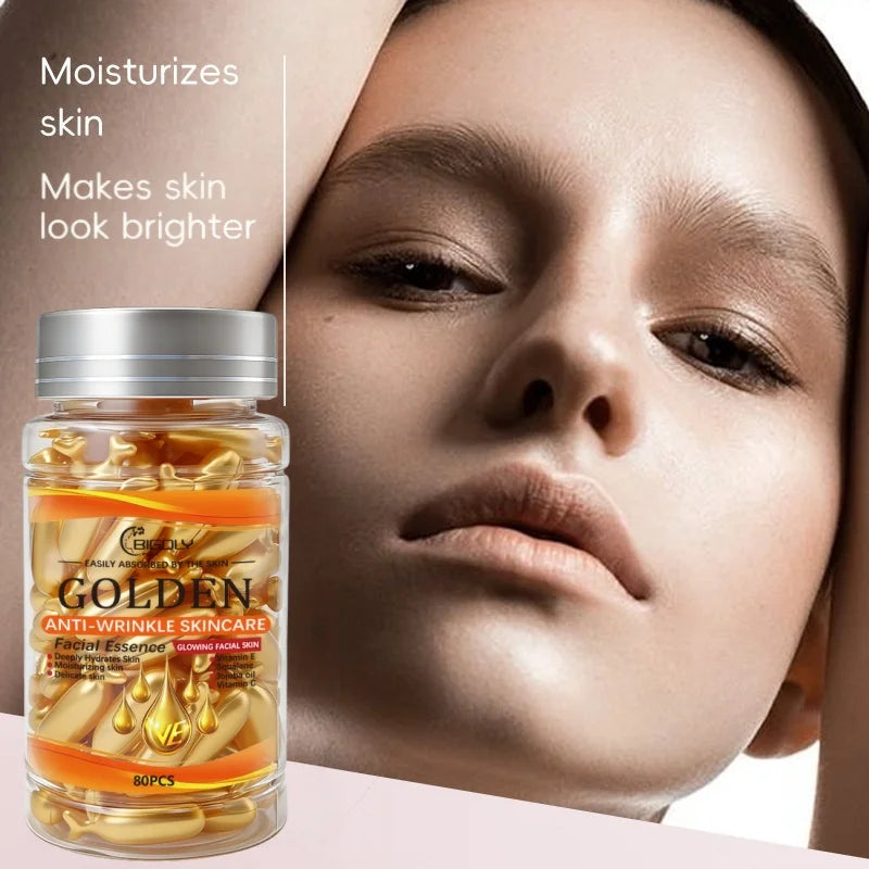 80 Capsules of Facial Anti-Wrinkle Serum, Rich in Vitamins C, E, and Squalane, Moisturizes and Nourishes the Skin, Making It Smooth and Delicate, Packaged in Capsule Form, Hygienic and Portable Vue