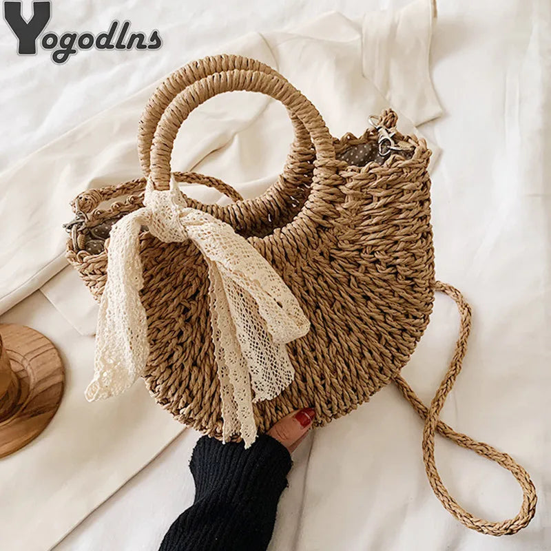 Straw Bag Women Hand-woven Handbag Moon Shape Lace Bow Rattan Big