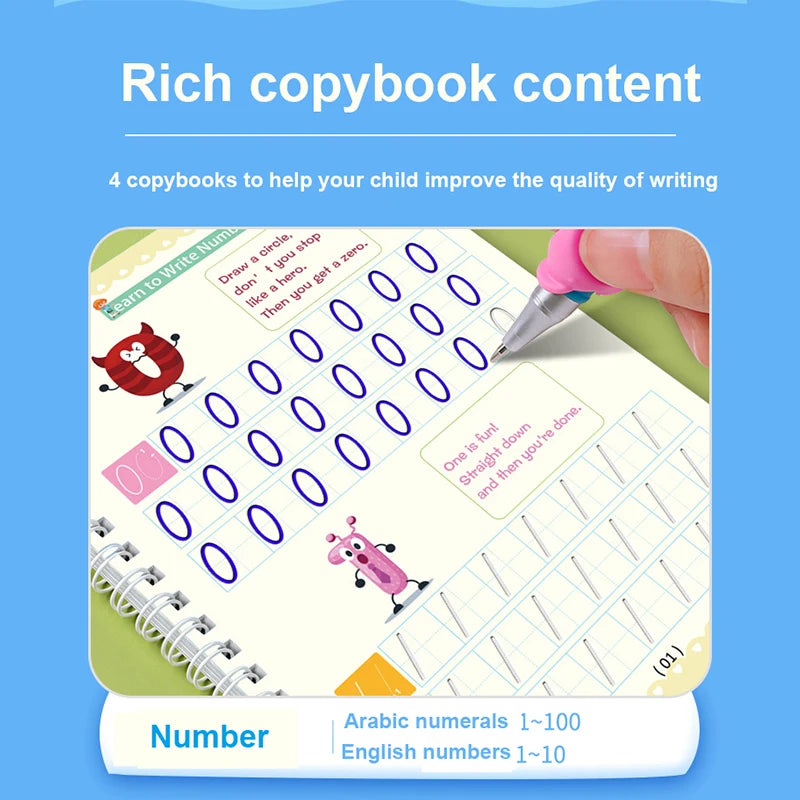 4PCS Reusable Magic Practice Copybook Kids Grooves Calligraphy Handwriting English Learning Preschool Tracing Book Pen Students Vue