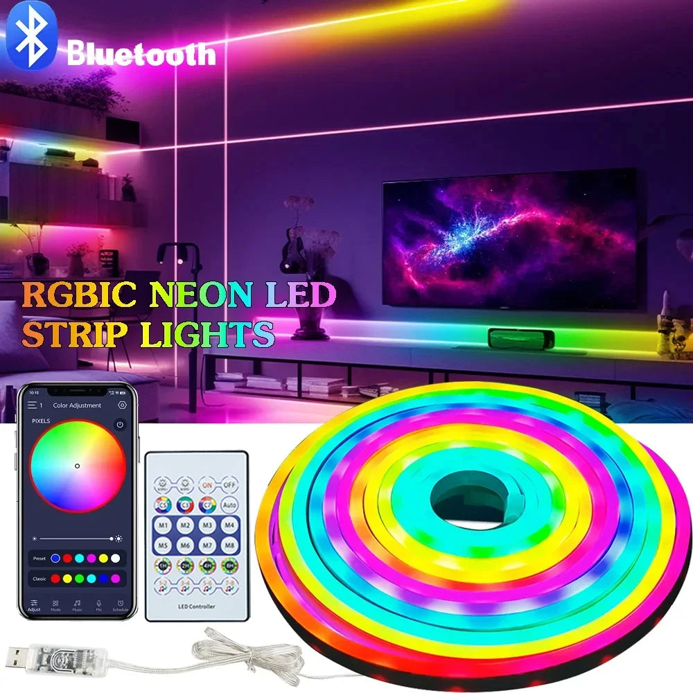 USB 5V RGBIC LED Neon Strip Light Dream Color Flexible Silicone Tape with Remote Control for TV Backlight Bedroom Home Decor Vue